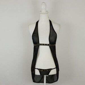 Elegant Moments Women's Small Black Mesh 2 Piece Lingerie Set